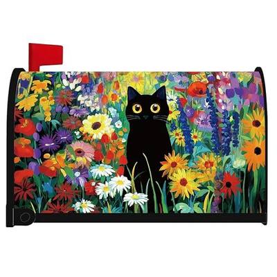 Magnetic Mailbox Covers Standard Size 18 ×21 Inch - Spring Wildflower Black Cat Watercolor Floral Theme Magnetic Mailbox Covers Wraps, Garden Yard Outside Home Decorotions
