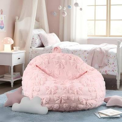 Gilprop Pink Bow Stuffed Animal Storage Bean Bag Chair Cover (No Filler) Fluffy Fuzzy Plush Bean Bag Chair for Teens Adults Soft Faux Cover for Organizing Plush Toys Clothes Home Supplies