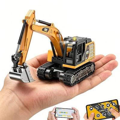 mini RC Excavator Toy 1:64 Remote Control Alloy Construction Vehicle | Die-cast metal forklift model with remote/APP control,STEM building kit, abuot 1 hour playtime,gift for kids and adults