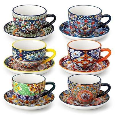 vancasso 8 oz Cappuccino Cups with Saucers Set of 6, Bohemian Ceramic Coffee Cup for Latte, Tea, Espresso, Microwave & Dishwasher Safe - Porcelain Tea Cups and Saucers for Kitchen or Cafe