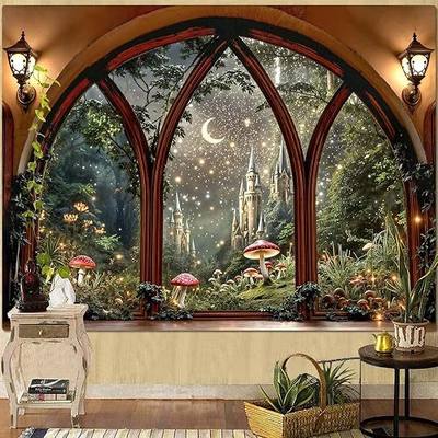 Lifeella Fantasy Castle Window Tapestry, Magic Woodland Scene Large Wall Backdrop, Fairytale Moon Mural for Bedroom Dorm Living Room Decor, 36x48 inches