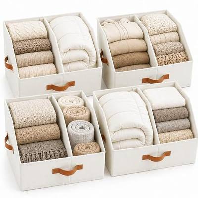 Closet Organizers And Storage - EXTRA LOAD & HEIGHT FOR DEEP Trapezoid Storage Bin W/ Handles & Adjustable Dividers, Collapsible Storage Bins For Clothes Storage & Shelf Organizer (4pcs, Large, Ivory)