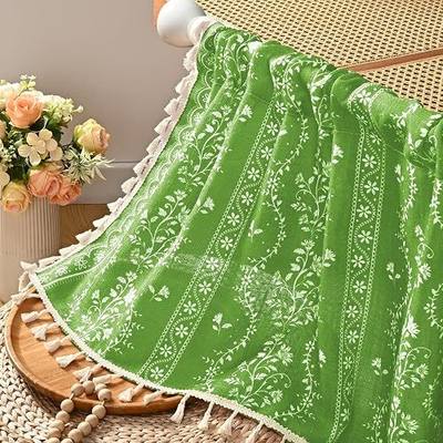 Yinhua Boho Valance Curtains Vintage Linen Green Kitchen Valances for Windows Light Filtering Bohemian Floral Valance Rod Pocket Farmhouse Tassel Window Valances for Bathroom Cafe, 52" W X 18" L
