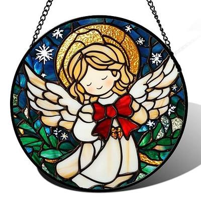 Stained Glass Window Hanging Jesus Cute Angel 6.3" - White Angel Suncatcher Door Garden Sun Catcher Home Decor Birthday Christmas for Mom Men Woman Nana Friend Girl