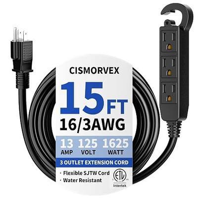 15 Ft 3 Outlet Outdoor Extension Cord Waterproof, Grounded Extension Cord with Multiple Outlets, 16/3 AWG 3 Prong Power Strip for Garden, Patio, Camping, 13A 125V 1625W, ETL Listed, Black