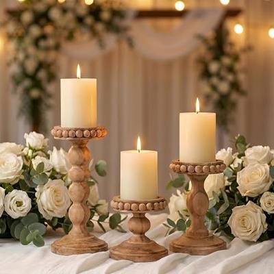 Mumufy 3 Pcs Candle Holders for Pillar Candles Rustic Farmhouse Home Decor Decorative Washed Beaded White Black Wood Candle Holder Country Style for Table Mantel Fireplace Wedding(Pine Brown,Small)