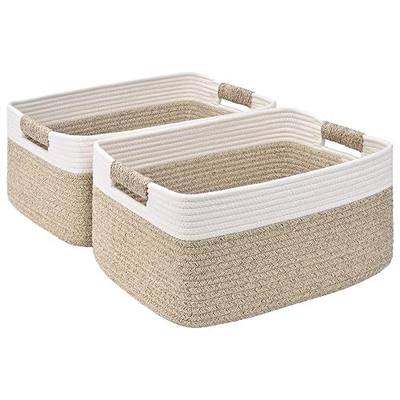 2 Pack Large Storage Basket for Organizing, 17.5"x13"x7" Woven Basket for Shelves, Closet Cube Storage Bins with Wrapped Handle, Cotton Rope Baskets for Kitchen, Clothes, Toys(Off White & Brown)