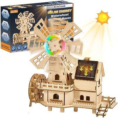 Snap-Fit Solar 3D Wooden Puzzle | Tools-Free DIY Waterwheel Dutch Windmill House Building Kit | STEM Educational Science Craft Toy for Kids 8-15 & Adults
