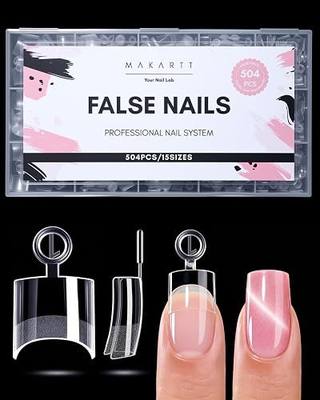Makartt Short Square Half Cover Nail Tips, 15 Sizes Pre-Etched, 504 PCS | PMMA Soak Off Soft Gel, No C Curve, Pre Etched Well for Adhesion, Easy-grip Handle, Suitable for Salon DIY Overlay Manicures