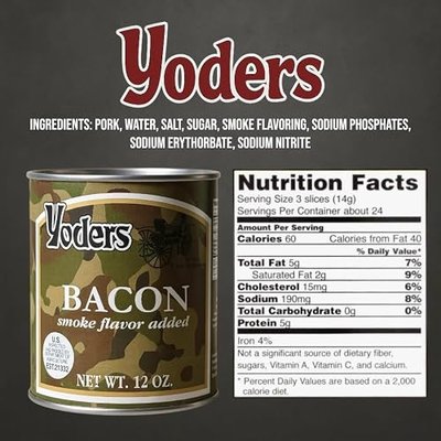 Yoder's Canned Fully Cooked Bacon Long-Term Storage – Shelf Stable Meat – Ready to Eat Emergency Food Supply – 10-Year Shelf Life – Precooked Bacon, 60–70 Slices per 12 oz Can, Single Can