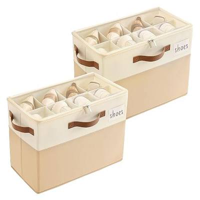 Varhomax Shoe Organizer Box 2 Pack for Closet,Small Fabric Shoe Storage Bin with Adjustable Dividers & Clear Cover, Saving Space Sneakers & Sandals Containers for Entryway, Cubby