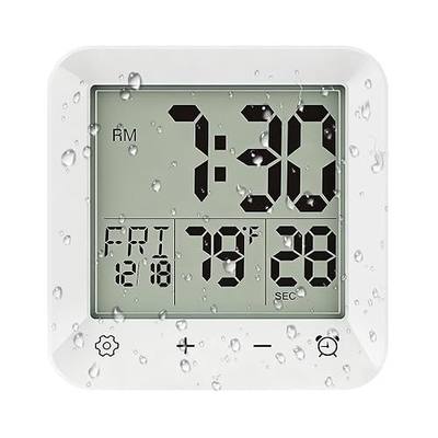 Bathroom Clock Waterproof Shower Timer, Digital Wall Clock with Countdown, Touch Screen, LCD Display, Temperature, Suction Cup/Hanging Hole/Stand, Spa Sauna I White