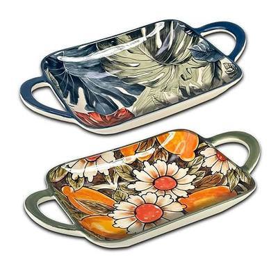 Ceramic Small Baking Dishes Set of 2 Rectangular Casserole Dish with Handles 12 oz Mini Bakeware for Oven to Table Appetizers Dips Snacks Dessert Gratin Dishes Serving Plates Two Different Patterns
