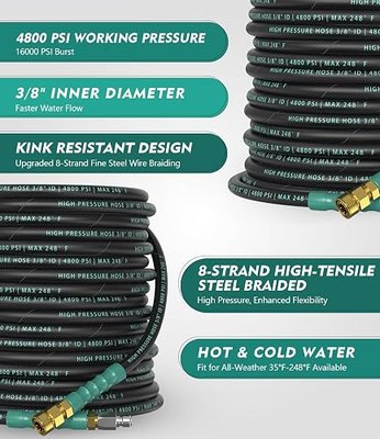 3/8" 4800PSI Pressure Washer Hose 50FT with 360° Swivel Quick Connect, Flexible Kink Resistant Steel Wire Braided & Durable Rubber for Hot/Cold Water, Power Washer Hose With M22 14mm Adapter