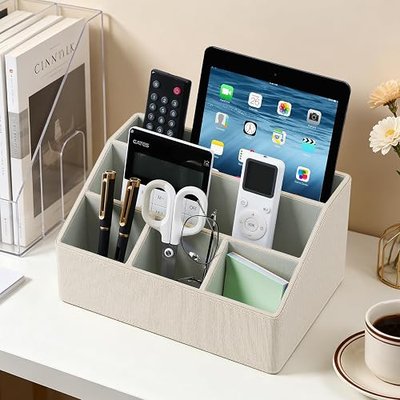 Desk Organizer Caddy Nightstand Organizer Desk Caddy Remote Holder | PU Leather, 5 Compartments, Soft Velvet Lining, Large Storage Capacity