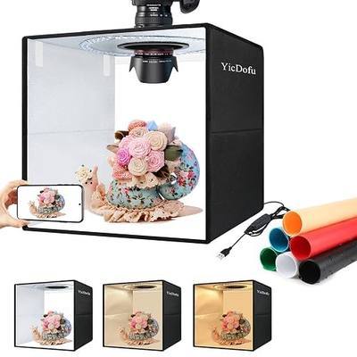 12x12 inch Photo Light Box with 120 LED, Foldable Shooting Tent Kit | small item shooting 3 color modes 1–100% dimming high CRI light diffuser soft lighting effect 6 color PVC backdrops