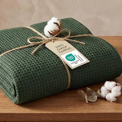 Bedsure GentleSoft 100% Cotton Blanket Queen Size for Summer - Breathable Lightweight and Soft, Basket Waffle Weave Woven Aesthetic Blankets for Women Gift, Home Decor, Olive Green, 90x90 inches