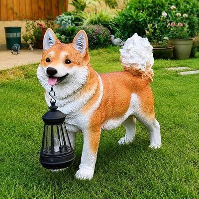 Akita Dog Garden Statue with Solar Lantern & Double-Sided Welcome Sign, Cute Shiba Inu Outdoor Decor Figurine for Patio Lawn Yard, Waterproof Resin Animal Sculpture, Dog Lover Gift