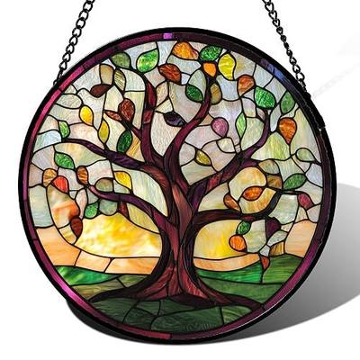 Stained Glass Window Hanging Colorful Tree of Life 6.3" - Green Suncatcher Door Garden Sun Catcher Home Decor Birthday Christmas for Mom Men Woman Nana Wife Friend