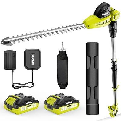 EWORK 20V Cordless Pole Hedge Trimmer with 2 * 2.0Ah Batteries and Charger, 18-Inch Dual Action Blade, 6.3Ft-8.6Ft Telescopic Pole Bush Trimmer, 11-Position Adjustable Head, 6lbs Lightweight