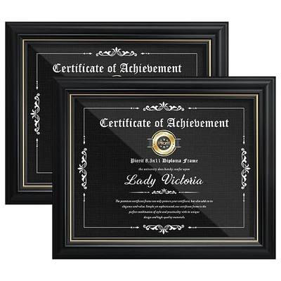Picrit 8.5x11 Black Diploma Frame 2 Pack with Tempered Glass, Gold Rim | Fits 8.5x11 Diplomas and Certificates, Black Backboard, Vertical or Horizontal Wall Mount, Tabletop Display, Easy Opening