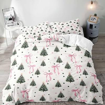 LUVIVIHOME 3PCS Pink Bow Christmas Tree Duvet Cover Queen Bedding Sets, White Duvet Cover, Teen Girls Bedding, Winter Holiday Christmas Comforter Cover, Coquette Room Decor Aesthetic, 2 Pillow Shams