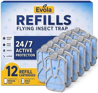 Evola 12 Pack Flying Insect Trap Refills - Sticky Cartridges Compatible with Zevo Indoor Light M364, M364A & MAX Bases - Fruit Fly, Gnat, Bug & Mosquito Catcher Replacements