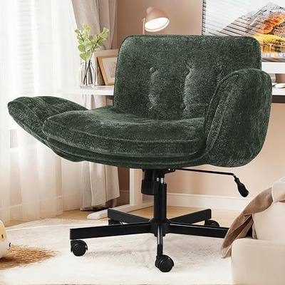 Criss Cross Chair with Wheels & Arms, Chenille Cross Legged Office Chair with 5-level Folding Armrest, Comfortable Adjustable Swivel Vanity Chair for Home, Make Up, Bed Room, Office, Accent (Green)