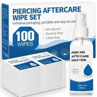 2 in 1 Piercing Aftercare Spray & Wipes Kit: Non-Greasy Saline Solution for Keloid Bump Removal, Piercing Bump Treatment Solution, Ear Nose Lip Belly Piercing Cleaner Wipes(3.38oz + 100ct)