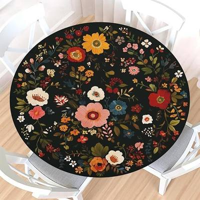 Vintage Floral Round Fitted Tablecloth with Elastic Edge,Water-Resistant Wipeable Colorful Boho Black Bohemian Flowers Leaf Table Cover for 40-44" Stretch Table Cloth for Dinner Indoor Outdoor Party