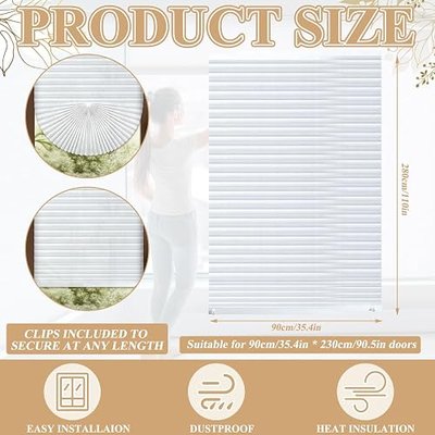 Threehoney 6 Pcs 35 x 110 Inches Temporary Blinds for Indoor Windows No Tools Cut to Size Fabric Paper Pleated Shades Adhesive Privacy Blinds for French Door Sliding Door Light Filtering(White)