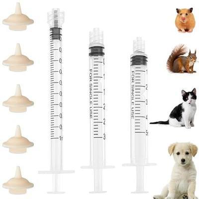Pet Feeder Syringe, Newborn Animal Feeder Syringe Individually Wrapped, 1ML/3ML/5ML Pet Feeding Nursing Syringe with 5 Nipple, Silicone Pet Feeding Nipple for Kitten Puppy and Small Animals