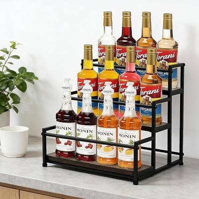 Coffee Syrup Rack Organizer, 3-Tier | Metal Bottle Holder, Holds 12 Bottles, Rustic Countertop Display Shelf, For Coffee Bar, Kitchen Cabinet, Pantry