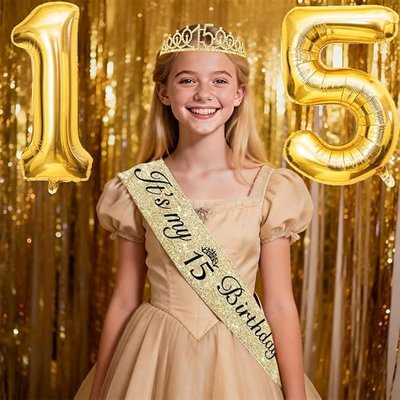 Awfrky 15th Birthday Decorations for Girls, Crown Sash Set, Gold | 15th Birthday Cake Toppers Card Sash Rhinestone Crown, Candles Balloons, Gifts for 15 Year Old Girls, 10pcs Set, Gold