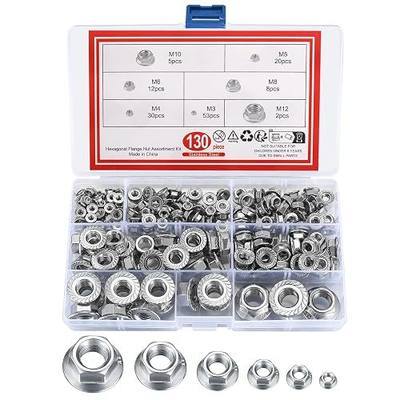 130 Pcs Flange Nuts, Metric Stainless Steel Serrated Hex Flange Lock Nuts Assortment Kit - M3 M4 M5 M6 M8 M10 M12 Nut Assortment Kit
