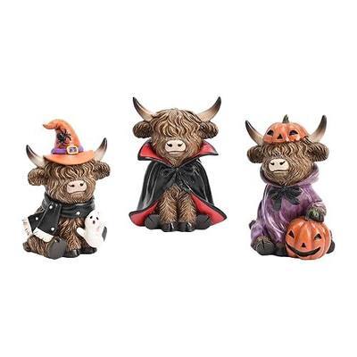 Valery Madelyn Halloween Decor Indoor, 3 Pcs Resin Highland Cow Decor for Home, Halloween High Mountain Yak Figurines Ghost Vampire Witch Hat Jack o Latern Pumpkin for Table Tiered Tray Porch, 4"