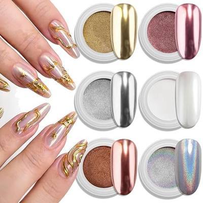 Fcozpjk Gold Silver Chrome Nail Powder Set 6 Colors Rose Gold Bronze Champagne White Pearl Chrome Powder Mirror Metallic Effect for Nails Holographic Glitter Rub Dust for Gel Polish Design Manicure