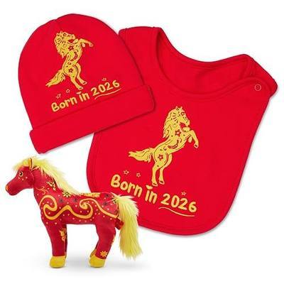 FoxE Year of the Horse Gift Set Born in 2026 - Bib, Beanie & Plush Toy Gift Set - with Chinese New Year Red Envelopes - Unisex, 100% Cotton, 0-24 Months - Lunar New Year Gifts