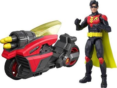 Mattel DC Premier 6.5in Robin Figure & Cycle Vehicle | Motorycle with Missile Projectile Launcher, Excluisive Deco Robin, Cycle Has Batlink Modular Features to Mix and Match
