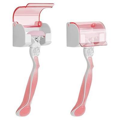 LUEXBOX 2 Pack Razor Holder with Cover for Shower Wall, Self Adhesive Razor Stand Shaver Organizer, Plastic Razor Hanger Hooks Compatible with Gillette Venus, Flamingo, BIC, Billie (Clear Pink)
