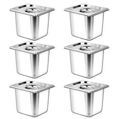 APREUTY 6 Pack 1/6 Size Hotel Pan with Lids, 6' Deep Steam Table Pan with Lid, 6.5''L x 7''W Stainless Steel Pans for Home, Party, Hotel, Buffet Catering, Anti-Jam Food Storage Metal Pan, 1 Tong