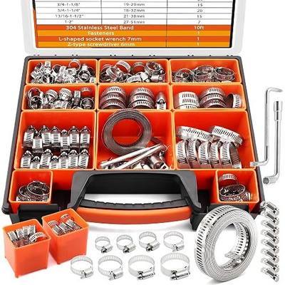 185pcs 304 Worm Gear Hose Clamp Kit for Auto & Plumbing | Leak-Proof 1/4"-2" Adjustable 304 Stainless Clamps with 10FT Custom Strap,Rust-Resistant for Heavy-Duty Pipe Repairs