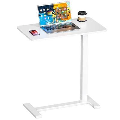 Okin Adjustable Bedside Table with Swivel Hidden Wheels Pneumatic Rolling Desk Mobile Standing Desk with Cup Holder for Hospital Home(27.6"x15.8" White)