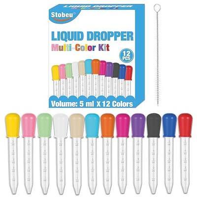 12-Piece Liquid Pipettes Droppers 5ML Set with A Clean Brush, 12 Colors Plastic Clear Pipettes for Kids with Silicone Bulb Tip, Medicine Eye Dropper for Feeding/Crafts/Candy Mold/Gummy Bear Maker/Oil