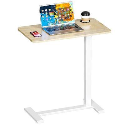 Okin Adjustable Bedside Table with Swivel Hidden Wheels Pneumatic Rolling Desk Mobile Standing Desk with Cup Holder for Hospital Home(27.6"x15.8" Maple)
