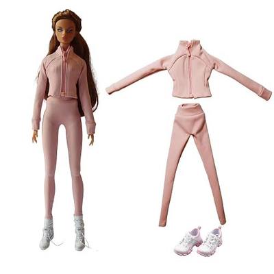 Fashion Doll Pink Yoga Athletic 3-Piece Set with Jacket and Leggings, Includes Sneakers, 1/6 Scale Doll Clothes