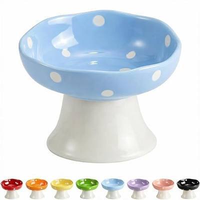 Blue Mushroom Cat Bowl, Elevated Ceramic Bowl for Cats | Cute Mushroom Design, Elevated, Ceramic, Whisker Friendly, Anti Vomiting