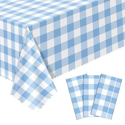 3 Pack Blue Gingham Tablecloths, 54 x 108 Inch Scalloped Party Table Cover | Waterproof Peva, Scalloped, Fits 8–10 Seat Rectangular Tables, For Parties, Picnics, And Showers