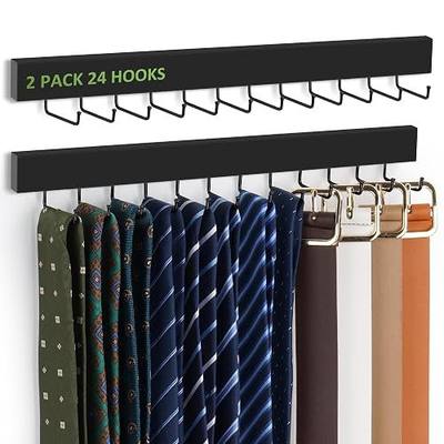 2 Pack Tie Hanger Wall Mounted, Wooden Tie Rack Belt Hanger with 24 Non Slip 180° Rotating Hooks, Belt Organizer Space Saving Tie Hanger for Closet, Tie Holder & Tie Organizer, Black