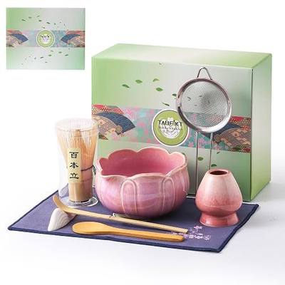 Matcha Whisk Set, Ceramic Matcha Set 8 Pcs, Matcha Kit Set Includes Matcha Bowl, Matcha Whisk and Holder, Bamboo Scoop and Rest, Sifter and Tea Towel, Ideal Gift for Family/Friend (Pink)